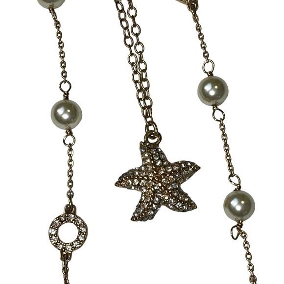 J Crew Gold Necklaces Starfish Chain Rhinestone Pearls Lot of 2 - Picture 1 of 8